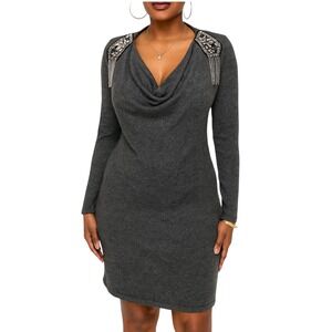 a.n.a Women's Gray Long Sleeve Sweater‎ Dress Embellished Shoulder Size L